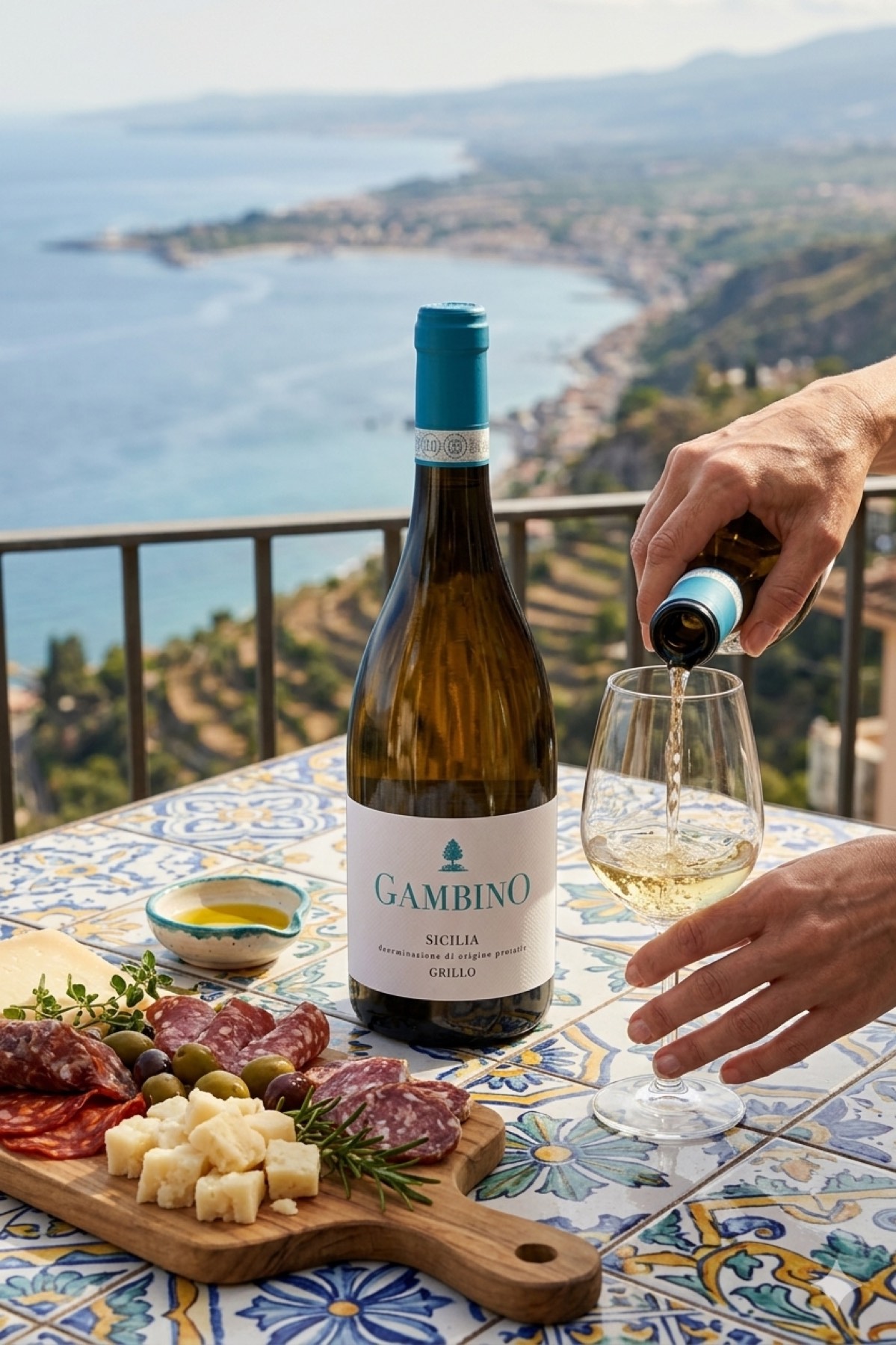 Feu d'O Bianco versato su una terrazza affacciata sulla baia di Taormina